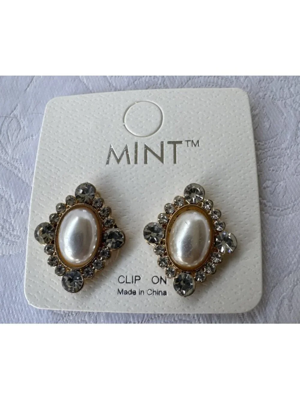 Mint Rhinestone Faux Gold Pearl CZ Fashion Clip On Earrings 1.1